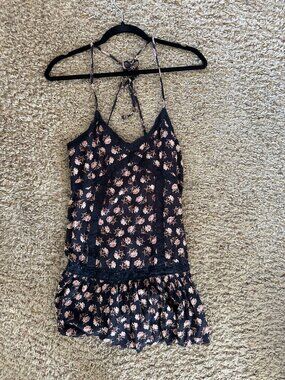 American Eagle Outfitters XS Black Floral Print Halter Mini Dress Viscose